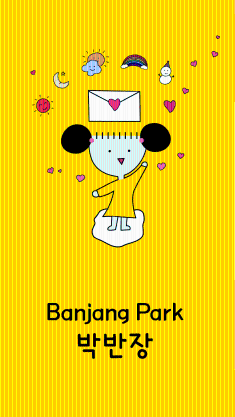 Warm and Positive Palette: The bright, vibrant yellow background conveys a lively and hopeful atmosphere.  Endearing and Relatable Character: The simple, round, and cute character design makes viewers feel comfortable and connected.  Symbols of Hope and Comfort: Elements like the cloud, letter, heart, and rainbow represent a pure, positive message and a sense of healing.  Clear Content Identity: The text "Bak Ban-jang Who Conveys Hope" clearly defines the character's role and the core value of the content.