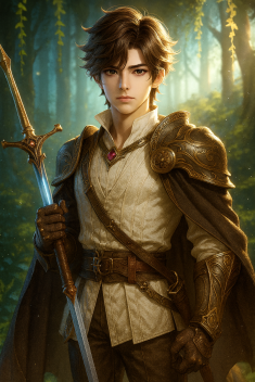 This image portrays Leo, the protagonist of "Leo and the Guardians." Dressed in shining armor and standing in a mystical forest, he holds the sword of justice. He represents purity, courage, and serves as a symbol of hope and leadership in a magical fantasy world.