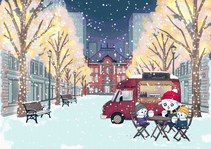 Winter at Tokyo Station: A Cup of Warmth ☕✨  Under the golden glow of Tokyo Station, Yangyang, Floppy, and Mellow share a cozy moment in the falling snow. Even an Emotion Fragment Collector needs a sweet break to recharge. We’re sending a cup of comfort to melt your winter chill and fill your heart with magic.