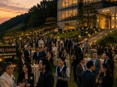 A garden party celebrating the completion of WJ CENTER and the opening of the new headquarters. The scene symbolizes businessman Park Woojin reaching the height of his success after years of ambition, challenge, and perseverance.