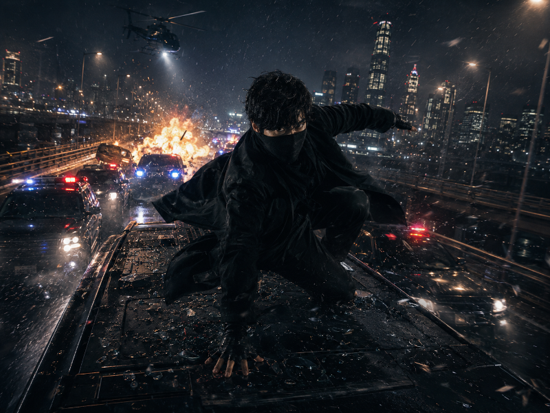 A powerful action scene of Iljimae fighting atop a speeding vehicle amid a massive urban explosion.
