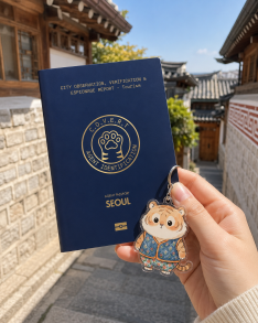 An image of Whaleland’s flagship product, the “Beomi Stamp Tour Passport,” in a traditional Korean hanok village.
