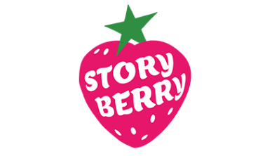 The Storyberry logo merges "STORY" and "BERRY" into a heart-shaped strawberry. The brand name sits in white hand-lettering on a vivid pink berry, with a green star as the stem — symbolizing "star content" and the spark of storytelling. The heart shape and rounded type reflect the studio's warm, family- and child-friendly identity.
