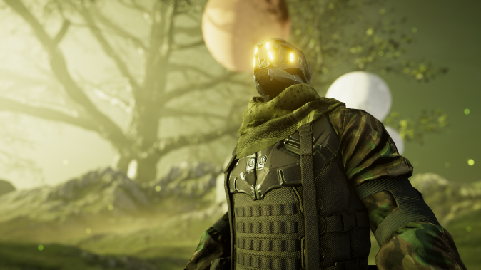 The main character 'Planetarian' geared up for combat across the universe