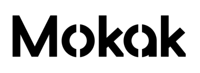 A bold logotype where the breaks in 'O' and 'A' form the hands and feet of the Mokak characters.