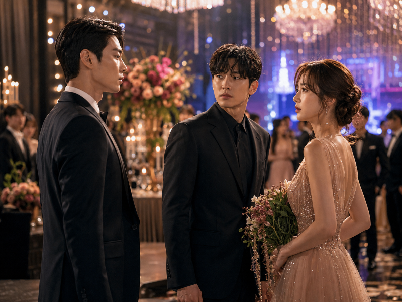 A tense moment at a glamorous reception, where three figures face one another amid love and rivalry.