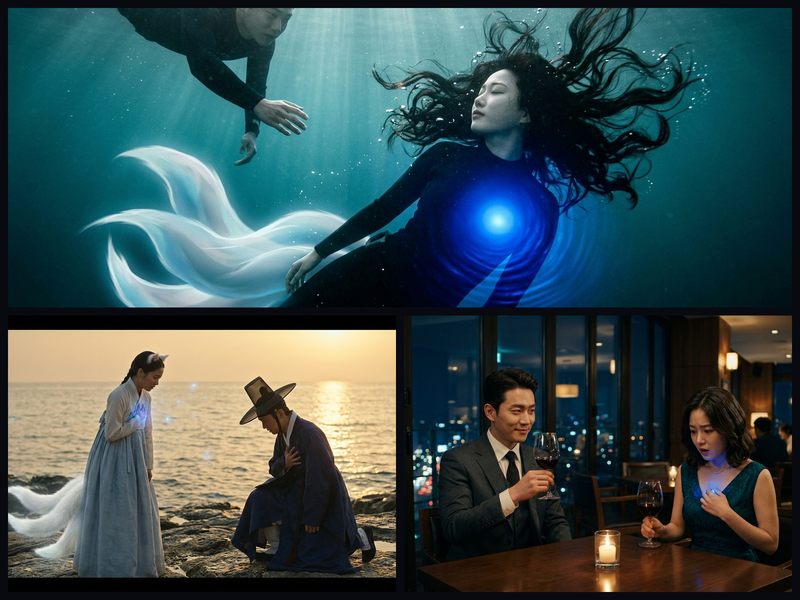 Key scenes from "My Buddy Is a Gumiho" — the orb underwater, their first encounter on a Joseon shore a thousand years ago, and the approach of Sayun the red imugi