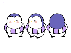BU is a unique penguin character who, unlike other penguins, cannot swim. He is tall and big-bodied, and because his round belly is too large for a swim ring, he always wears it around his neck instead. His purple head, tiny black eyes, rosy cheeks, and oversized swim ring create his distinctive visual identity. The contrast of being a penguin who cannot swim, combined with his quirky and slightly clumsy personality, is at the heart of his charm. With his simple and recognizable design, BU can be expanded into various formats including merchandise, emoticons, digital content, and licensing products.