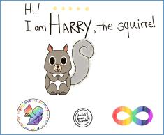 It is the first page of 'Harry, the squirrel.' episode. The logo of Colorful Brain Friend, watermark, neurodiversity infinity logo are also presented.