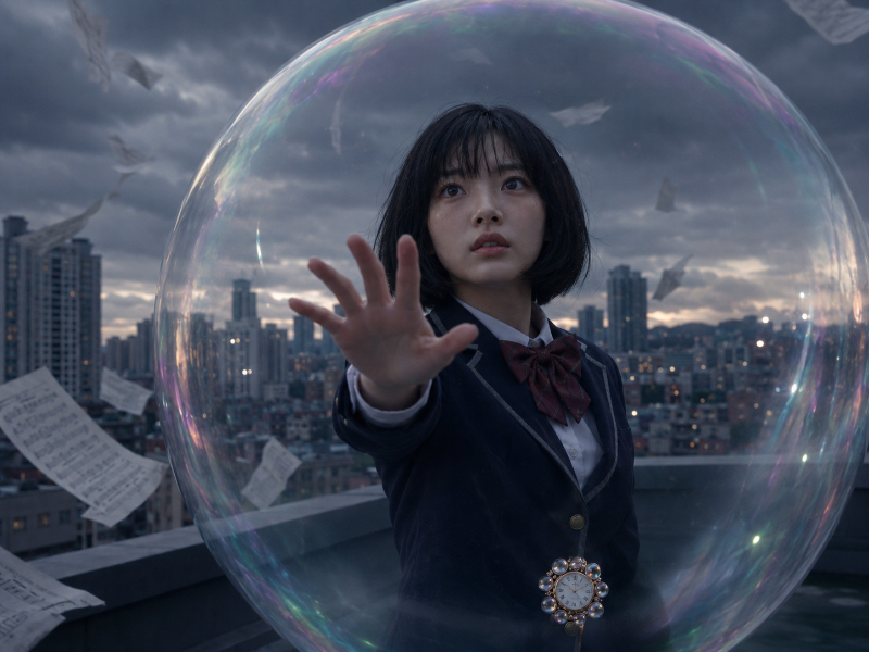 A tense scene in which EL confronts an unknown destiny inside a giant iridescent bubble.