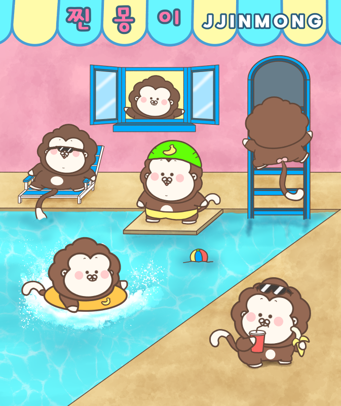 Set in a lively summer swimming pool, this representative illustration showcases six JJINMONG characters enjoying the water in their own unique ways. Through their playful expressions and individual personalities, it captures the cheerful charm of the characters and the simple joys of everyday life.