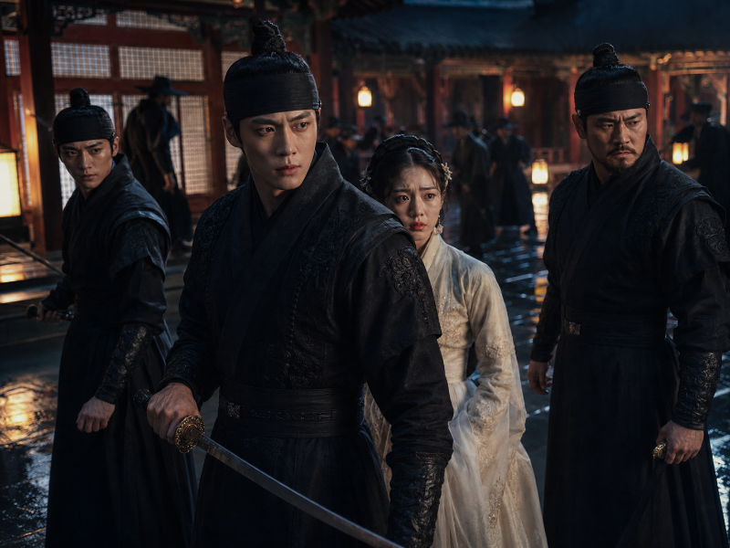 A tense scene in a rainy palace night, where Kim In and his companions protect Yeong-chae and face looming danger.