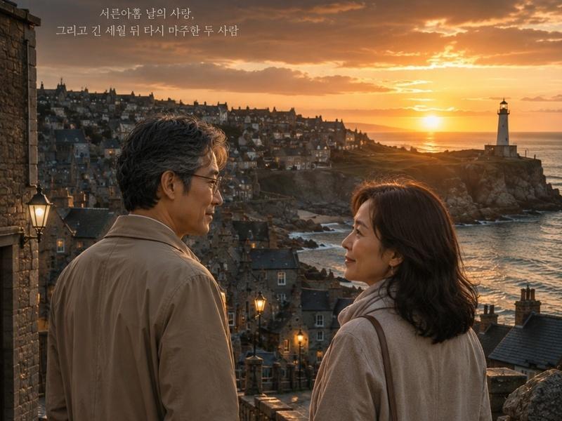 A scene of Jaeyoung and Junhee meeting again in Stonehaven, Scotland, after 40 years. It captures the depth of their enduring bond and love after a long separation and two very different lives.