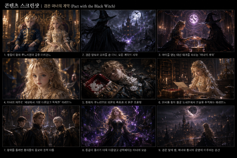 Content overview for Pact with the Black Witch, presenting key scenes from the birth of royal twins Cunorian and Marianne to the witch’s pact, Marianne’s unusual curse, Cunorian’s mysterious death, imperial power struggles, and the expanding world of witchcraft.