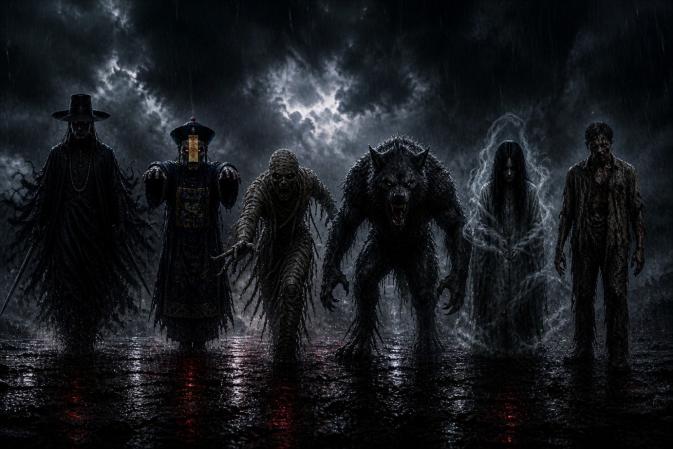 Grim Reapers from different nations gather to collect the souls of the dead.