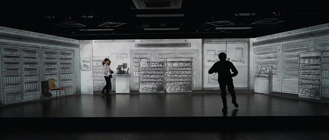 Showcase Hug performance #ConvenienceStoreScene, where a homeless person meets job seeker zoe.