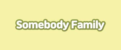 'Somebody Family' logo presented in soft green typography on a pastel yellow background, expressing a warm, cozy, and friendly character-driven lifestyle brand identity.