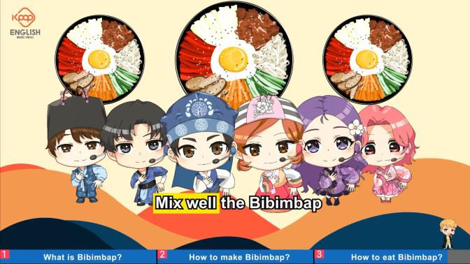 K-pop Friends in Hanbok Singing and Dancing with K-pop Food Bibimbap