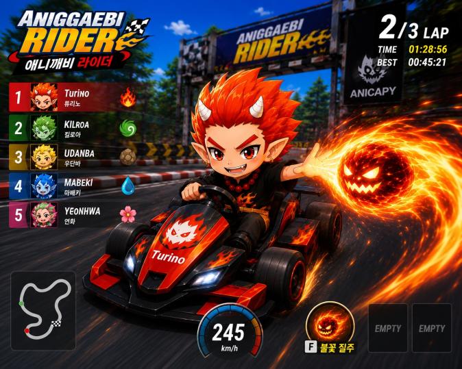 Gameplay image of Turino participating in an item race and throwing a fire bomb.