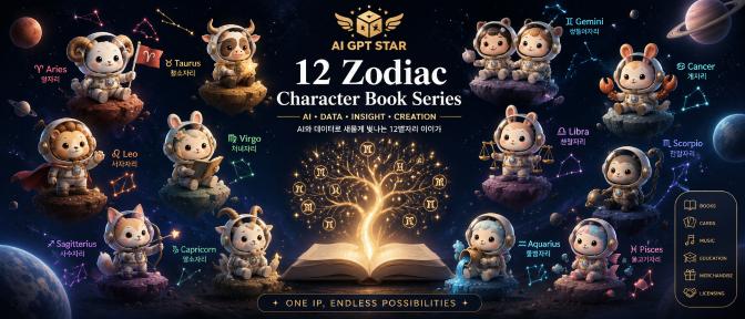 An original 12 Zodiac character IP developed through AI-assisted creation and data-driven content planning, expandable into publishing, licensing, merchandise, education, and digital content.