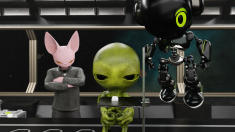 The three characters are looking at the alien lifeform.