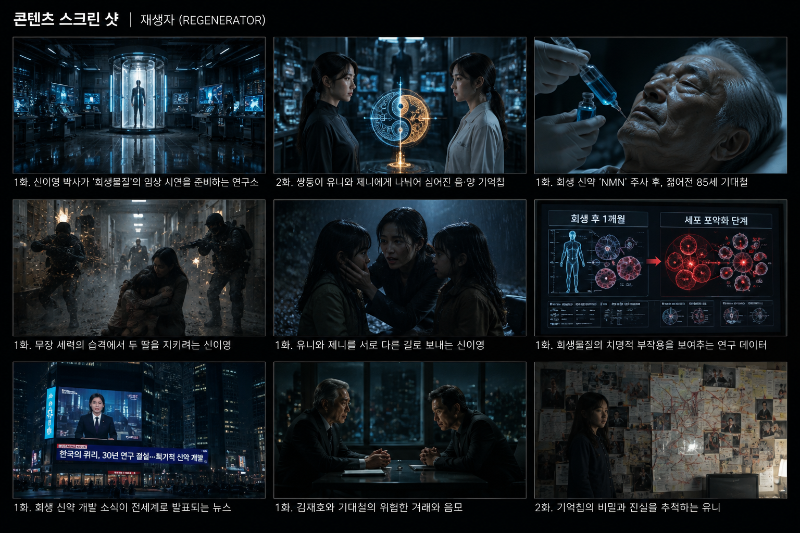 Content overview for REGENERATOR, presenting key scenes involving the regenerative drug, the divided memory chips carried by twins Yuni and Jenny, the pursuit of Shin I-young’s family, and the deadly side effects of the regeneration technology.