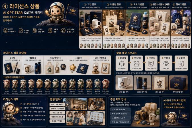 This is a detailed guide image introducing the composition, production method, customization options, and use cases of the AI ​​GPT STAR 12 Constellations license product. It can be applied to various fields such as corporate merchandise, museum merchandise, school souvenirs, event souvenirs, and thank-you gifts, and characters, logos, colors, and packaging can be customized to suit the customer's purpose.