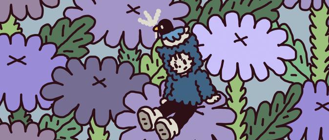 A quiet moment with Tuitui and Chichi sitting together in a field of purple flowers.