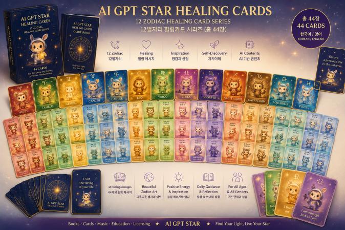 AI GPT STAR Healing Cards is a 44-card healing deck based on the 12 Zodiac character IP. Designed for self-discovery, emotional wellness, education, and counseling, it is expandable into publishing, merchandise, digital content, and global licensing.