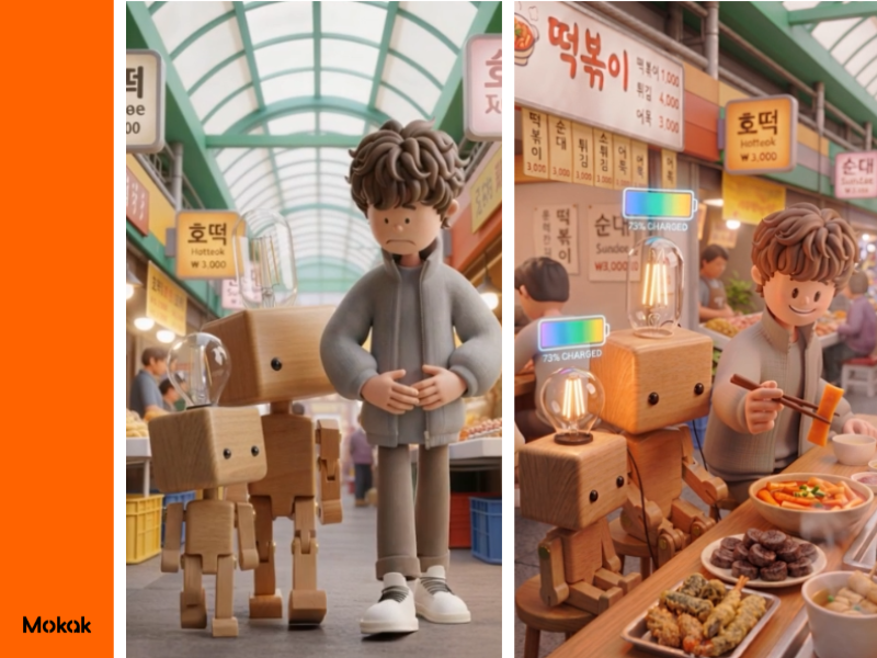 A scene from the animation, set in a traditional Korean street market