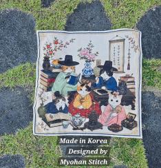 Fabric poster made with original Myohan Library character artwork printed on 60-count cotton lawn fabric.