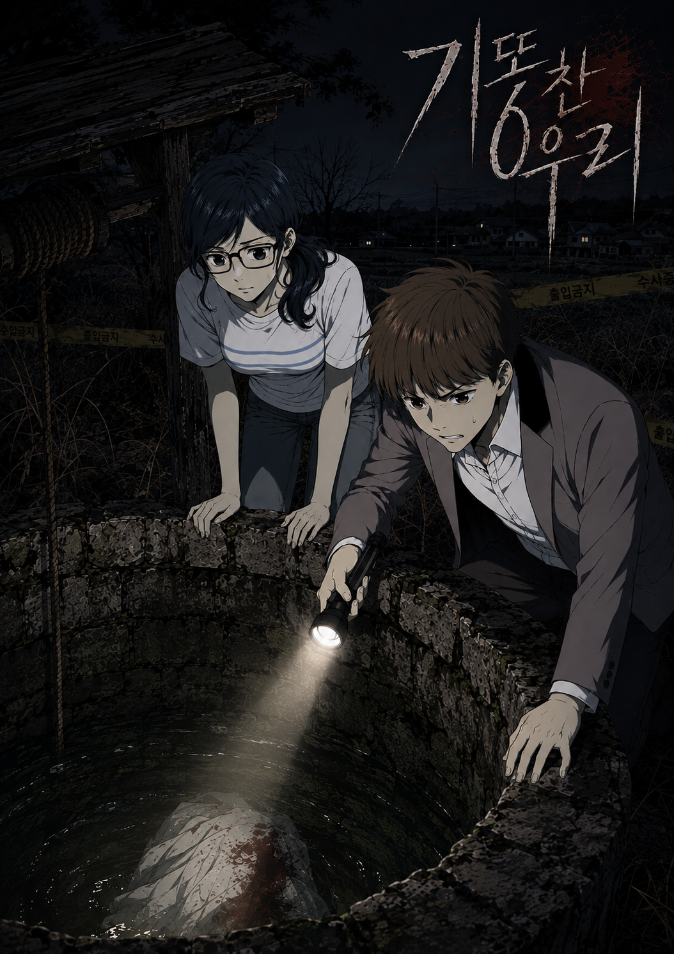 Original webtoon artwork for Wollyeong-ri, a mystery thriller adaptation centered on a series of murders in a rural village.