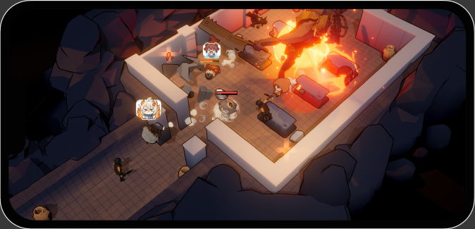An in-game screenshot showcasing action-packed boss combat, destructible environments, and real-time AI companion emojis.