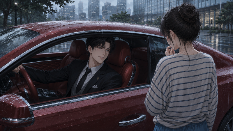 After the concert on a rainy night, Hanna is walking home alone when Sang-jun pulls up in his car.
