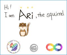 It is the first page of 'Ari, the squirrel.' episode. The logo of Colorful Brain Friend, watermark, neurodiversity infinity logo are also presented.