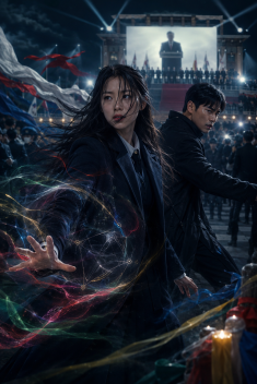 Promotional image for Survival Order, featuring Iryeong with her awakening supernatural powers and Noh Kang-san, the man who saved her, against the backdrop of a presidential inauguration, symbolizing political pursuit, shamanic mystery, and their fight for survival.