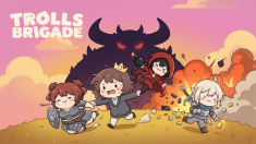 A comical title illustration depicting the uncontrollable mercenary group's chaotic escape from a giant monster.