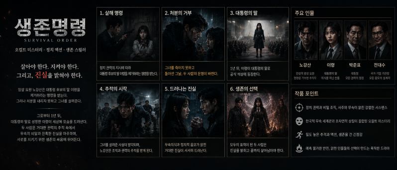 Content overview for Survival Order, presenting the key story progression—from Noh Kang-san’s refusal to kill Iryeong and her reappearance at the presidential inauguration to the ensuing pursuit and supernatural awakening—along with the main characters and core genre elements.