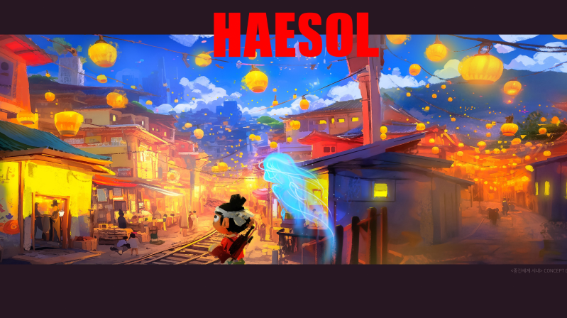 Haesol, a young Kkokdu spirit guide, running through the lantern-lit streets of the Middle Realm