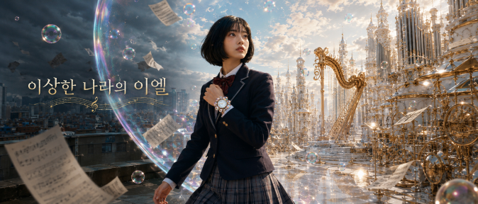 A detailed visual showcasing the scale of the story as the real city connects with a luminous world of music and fantasy.