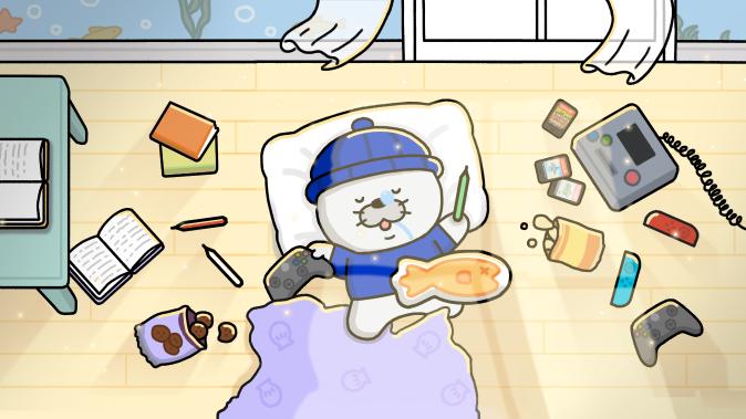 Illustrate the character WawaWalter enjoying everyday life, showcasing his potential to grow into a representative mascot that naturally connects with and enjoys a wide range of industries, including gaming, entertainment, and food.