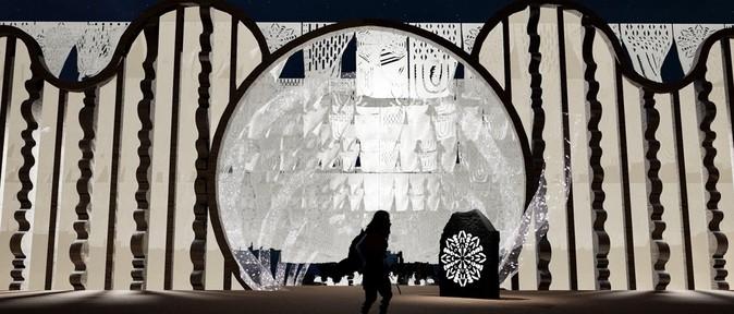  A virtual shrine adorned with Jeju's traditional paper art 'Gime' — a motion-captured character performs rituals before a stone carved with sacred patterns