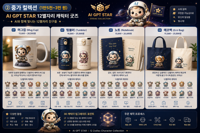 AI GPT STAR 12 Zodiac Mid-Range Collection. A promotional image showcasing AI-based 3D character lifestyle merchandise, including mugs, tumblers, notebooks, and eco bags. Designed for everyday use, corporate gifts, school souvenirs, museum merchandise, promotional events, and customized licensing products.