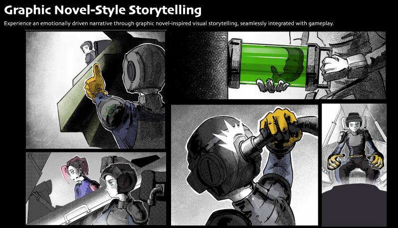 Cinematic graphic novel-style cutscenes seamlessly blend emotional storytelling with gameplay for a deeply immersive experience.