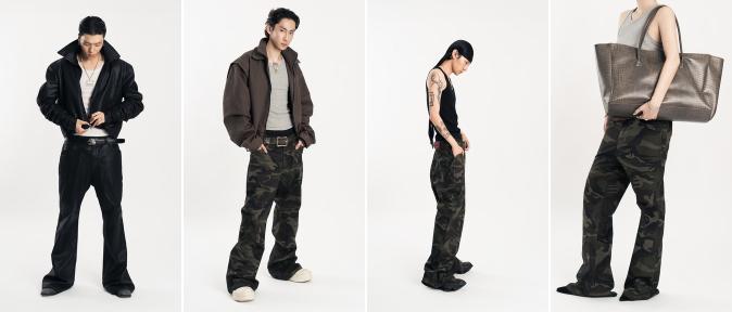 Looks from our 2026 F/W capsules. From left: Vlare Pants in Black Coating, two looks in Vlare Pants (Camo), the third worn by designer Jo Yehun, and the Viln Vig Vag tote.