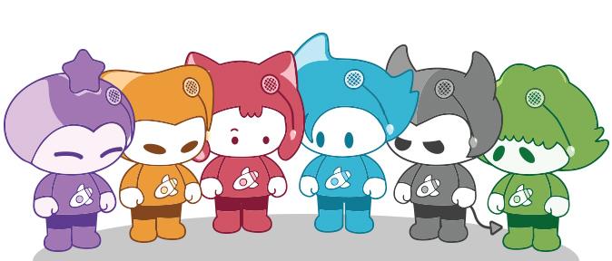 This image presents the six main characters of the ALBO universe (LIAM, HARUTO, EJUN, ROI, ZIHO, AZIZ). Each character features a unique color and design, representing different personalities and roles within the ALBO storyline.