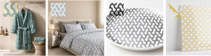 A collection of lifestyle images showcasing TRACE UNIQUE pattern applications across fashion, interior, and product design.
