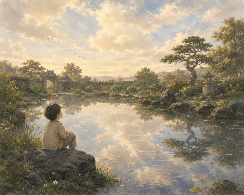 A child pauses alone in the garden, gazing at the trees and water, and encounters questions about life.