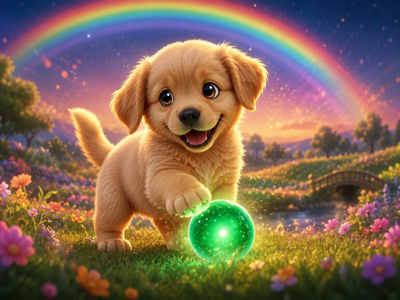 Content screenshot of a happy puppy character sitting with a mystical green orb on a green hillside beneath a rainbow.