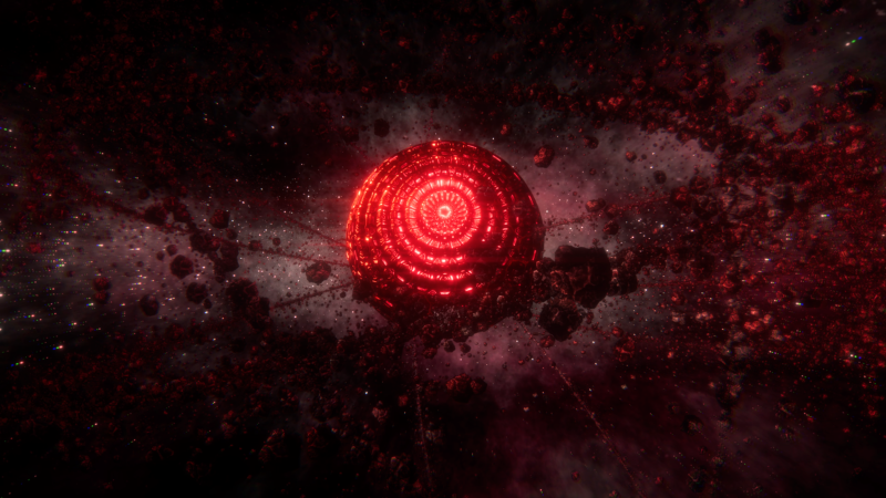 Cinematic cutscene featuring the massive boss monster 'Planet Eater' with overwhelming scale